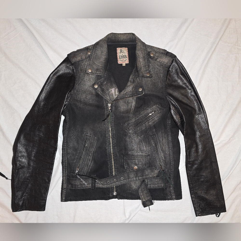 PRPS Distressed Black Denim + Leather Jacket - Picture 2 of 7